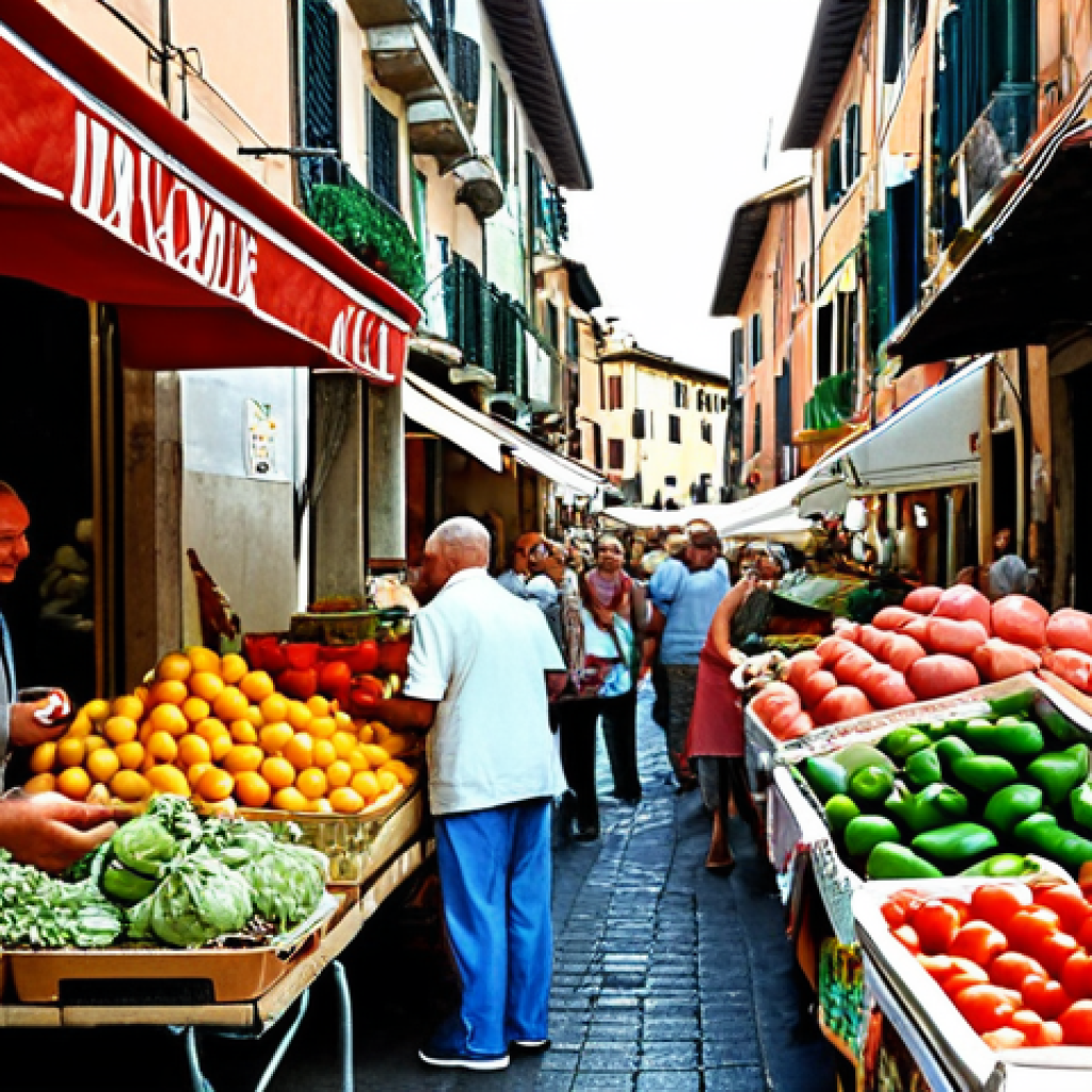 ** A vibrant, bustling Italian street market scene. Focus on fresh produce, happy people, and the general sense of economic activity. Maybe include a small "immobiliare" (real estate) sign subtly in the background. The overall mood should be optimistic, reflecting a growing GDP and consumer confidence.

**