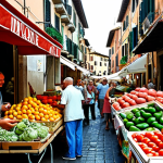 ** A vibrant, bustling Italian street market scene. Focus on fresh produce, happy people, and the general sense of economic activity. Maybe include a small "immobiliare" (real estate) sign subtly in the background. The overall mood should be optimistic, reflecting a growing GDP and consumer confidence.

**