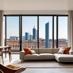 **

A vibrant, modern apartment interior in Milan.  Large windows showcase a view of the Porta Nuova skyline with its iconic skyscrapers.  The style is minimalist chic with high-end furniture.  Emphasize natural light and a sense of spaciousness. Focus on conveying the idea of luxury and innovation.
**