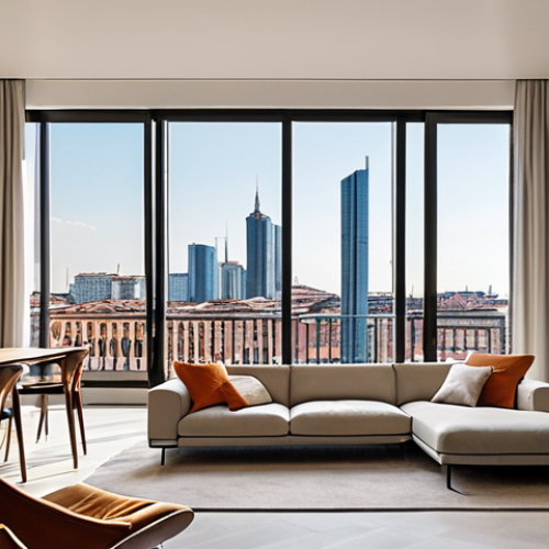 Home 6 **
A vibrant, modern apartment interior in Milan. Large windows showcase a view of the Porta Nuova skyline with its iconic skyscrapers. The style is minimalist chic with high-end furniture. Emphasize natural light and a sense of spaciousness. Focus on conveying the idea of luxury and innovation.
**