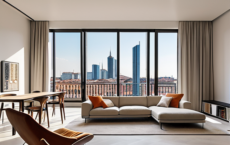**

A vibrant, modern apartment interior in Milan.  Large windows showcase a view of the Porta Nuova skyline with its iconic skyscrapers.  The style is minimalist chic with high-end furniture.  Emphasize natural light and a sense of spaciousness. Focus on conveying the idea of luxury and innovation.
**
