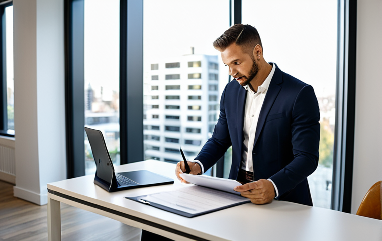 A diverse professional couple, fully clothed in modest business attire, sitting at a contemporary desk in a well-lit home office. They are thoughtfully reviewing financial documents and mortgage papers on a tablet, surrounded by a clean, modern aesthetic. The atmosphere conveys deep consideration of economic factors, with a subtle background hint of urban living (e.g., blurred city view through a window). Professional photography, high detail, sharp focus, natural lighting, safe for work, appropriate content, fully clothed, professional, perfect anatomy, correct proportions, natural pose, well-formed hands, proper finger count, natural body proportions.