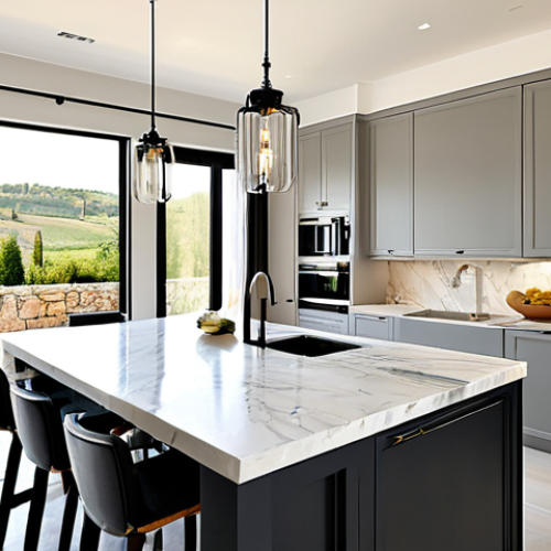 Home 8 Modern Italian Kitchen Renovation**
"Bright, airy Italian kitchen. New stainless steel appliances, Carrara marble countertops, stylish pendant lighting. Open concept leading to a sunlit dining area with views of the Tuscan countryside. Clean lines, minimalist design. Warm color palette. Professional photography, high resolution, perfect composition, realistic rendering. Safe for work, appropriate content, fully clothed, modest, family-friendly."
**