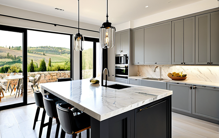 Modern Italian Kitchen Renovation**
"Bright, airy Italian kitchen. New stainless steel appliances, Carrara marble countertops, stylish pendant lighting. Open concept leading to a sunlit dining area with views of the Tuscan countryside. Clean lines, minimalist design. Warm color palette. Professional photography, high resolution, perfect composition, realistic rendering. Safe for work, appropriate content, fully clothed, modest, family-friendly."
**